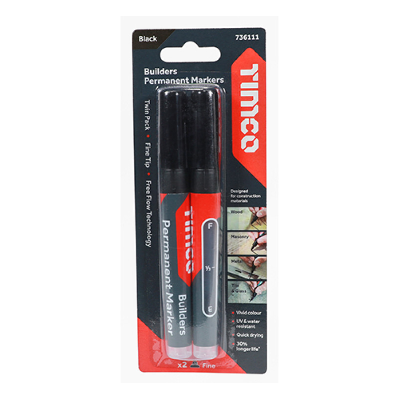 TIMCO Builders Permanent Markers Twin Pack Fine Tip Black - Fine Tip Pk2 TIMCO Builders Permanent Markers Twin Pack Fine Tip Black - Fine Tip Pk2